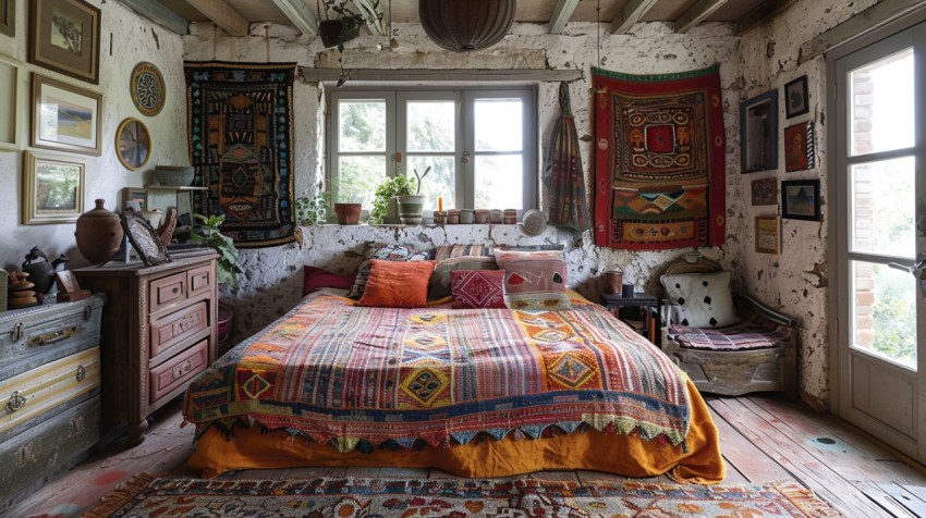 Cozy Bohemian Bedroom Design with Vibrant Colors and Patterns Aesthetic Idea (417)