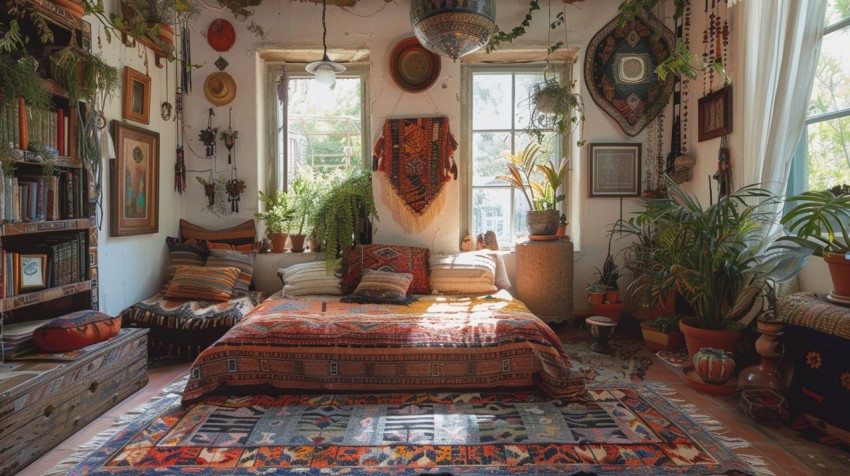 Cozy Bohemian Bedroom Design with Vibrant Colors and Patterns Aesthetic Idea (453)