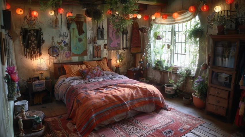 Cozy Bohemian Bedroom Design with Vibrant Colors and Patterns Aesthetic Idea (527)