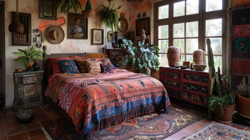 Cozy Bohemian Bedroom Design with Vibrant Colors and Patterns Aesthetic Idea (522)