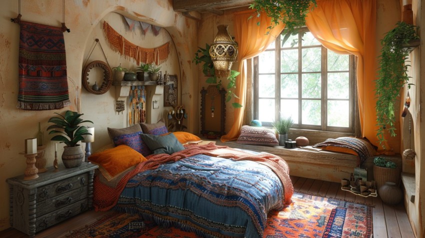 Cozy Bohemian Bedroom Design with Vibrant Colors and Patterns Aesthetic Idea (566)