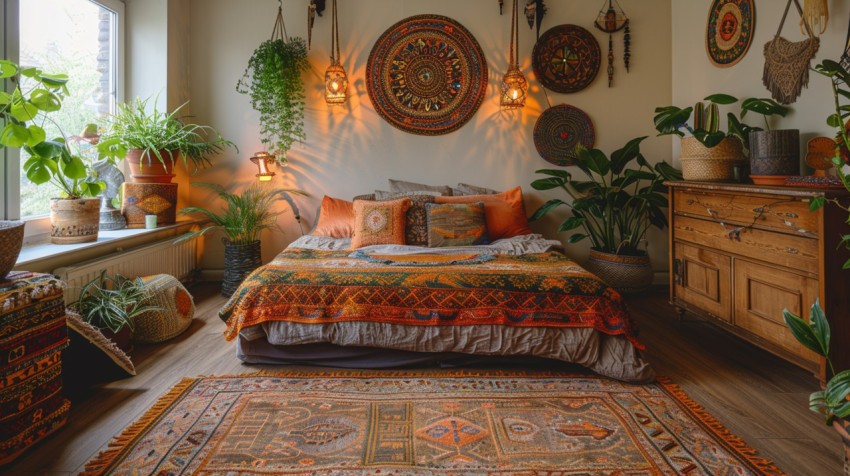 Cozy Bohemian Bedroom Design with Vibrant Colors and Patterns Aesthetic Idea (578)