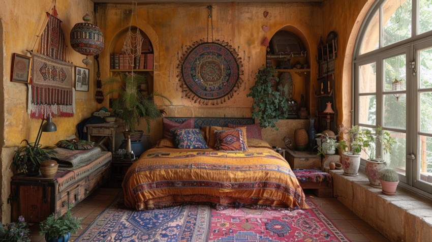 Cozy Bohemian Bedroom Design with Vibrant Colors and Patterns Aesthetic Idea (555)