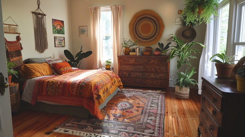 Cozy Bohemian Bedroom Design with Vibrant Colors and Patterns Aesthetic Idea (610)