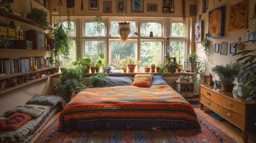 Cozy Bohemian Bedroom Design with Vibrant Colors and Patterns Aesthetic Idea (697)