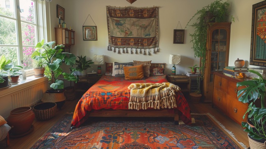 Cozy Bohemian Bedroom Design with Vibrant Colors and Patterns Aesthetic Idea (657)