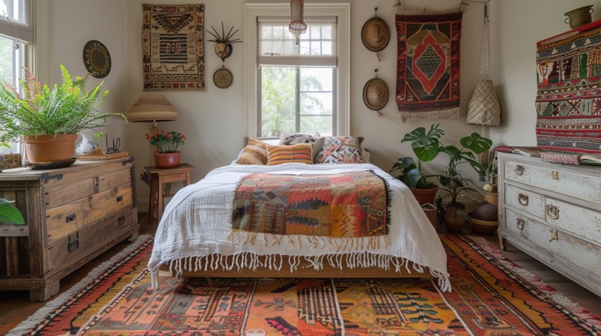 Cozy Bohemian Bedroom Design with Vibrant Colors and Patterns Aesthetic Idea (686)