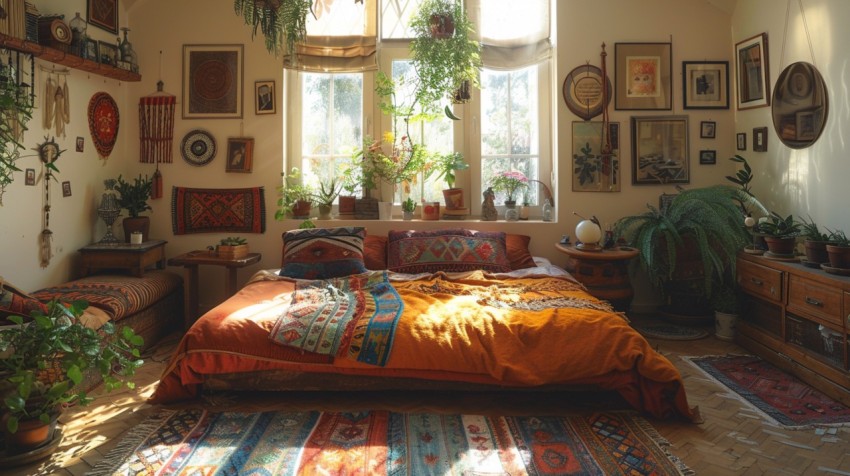 Cozy Bohemian Bedroom Design with Vibrant Colors and Patterns Aesthetic Idea (727)