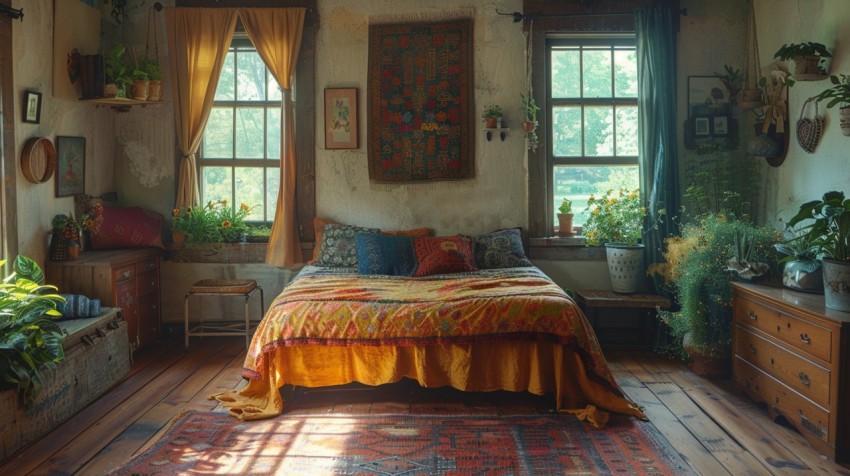 Cozy Bohemian Bedroom Design with Vibrant Colors and Patterns Aesthetic Idea (725)