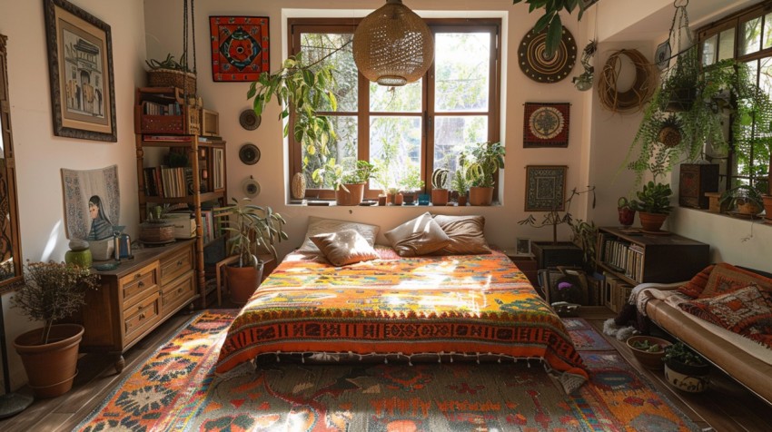 Cozy Bohemian Bedroom Design with Vibrant Colors and Patterns Aesthetic Idea (712)