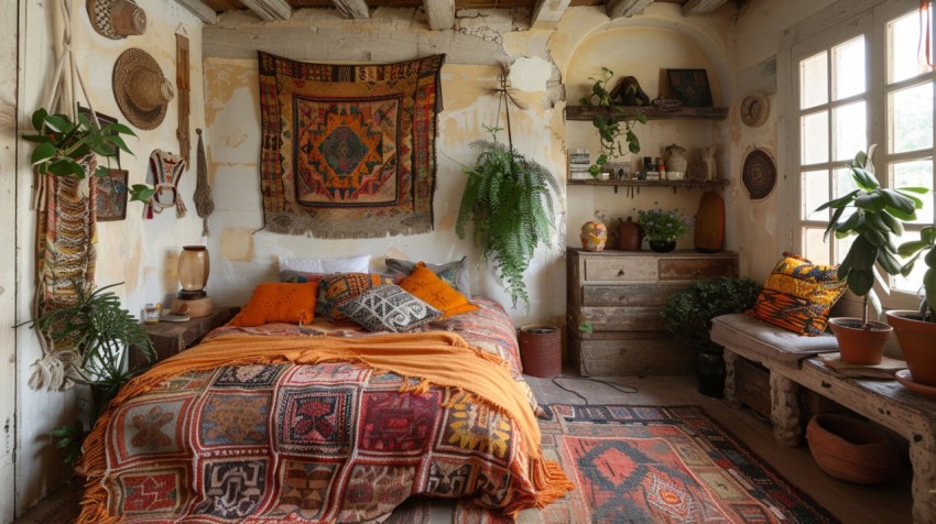 Cozy Bohemian Bedroom Design with Vibrant Colors and Patterns Aesthetic Idea (841)