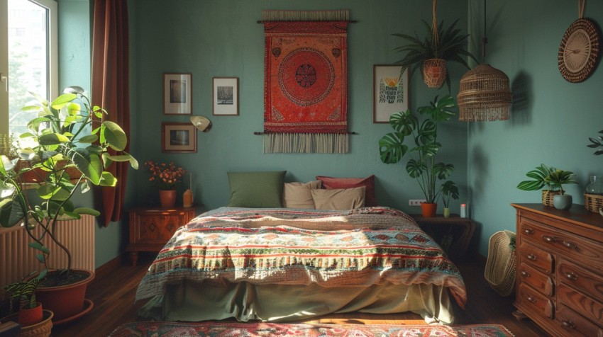 Cozy Bohemian Bedroom Design with Vibrant Colors and Patterns Aesthetic Idea (890)