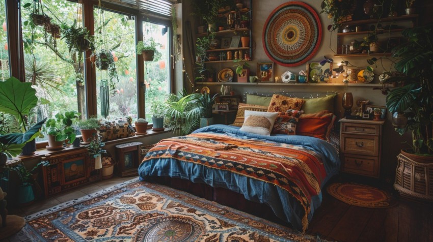 Cozy Bohemian Bedroom Design with Vibrant Colors and Patterns Aesthetic Idea (991)