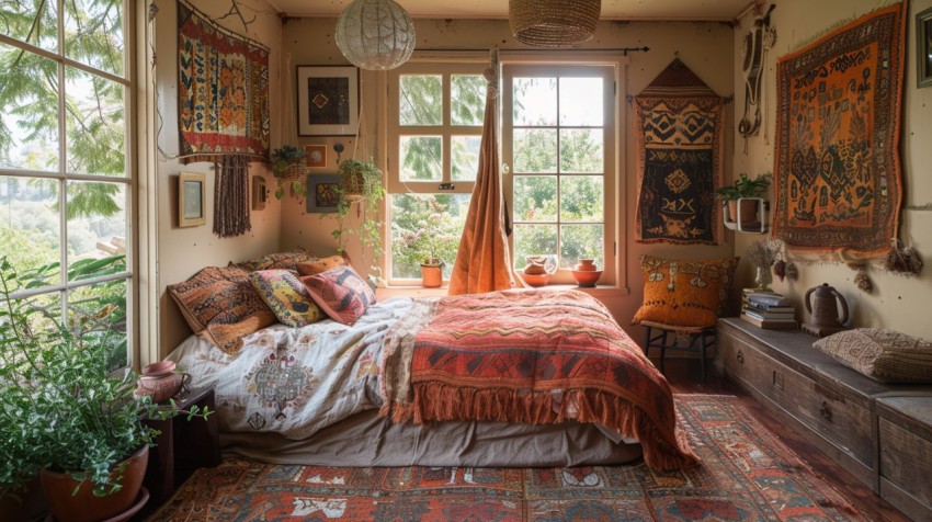 Cozy Bohemian Bedroom Design with Vibrant Colors and Patterns Aesthetic Idea (1027)