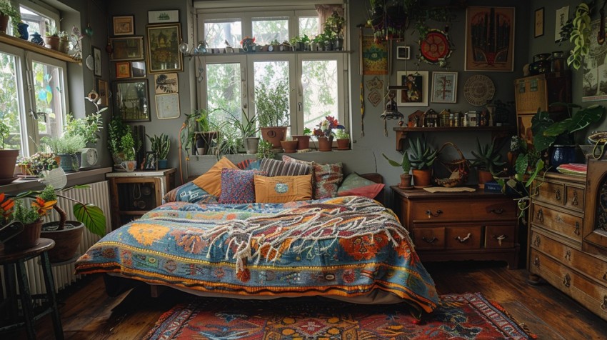 Cozy Bohemian Bedroom Design with Vibrant Colors and Patterns Aesthetic Idea (1119)