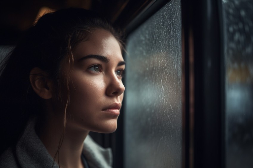 Woman Looking Out Of Window With Rain Feeling Lonely  Aesthetic (22)