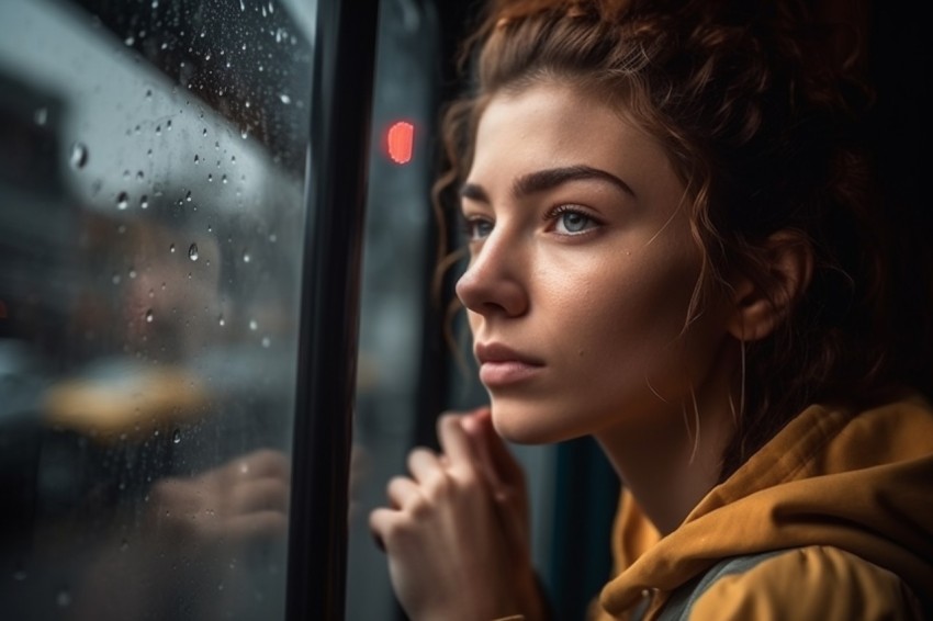 Woman Looking Out Of Window With Rain Feeling Lonely  Aesthetic (23)