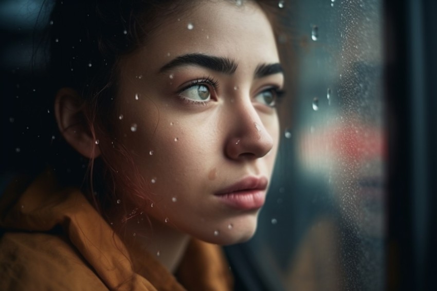 Woman Looking Out Of Window With Rain Feeling Lonely  Aesthetic (21)