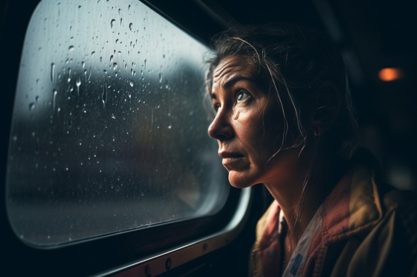 Woman Looking Out Of Window With Rain Feeling Lonely  Aesthetic (84)