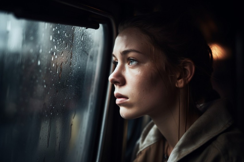 Woman Looking Out Of Window With Rain Feeling Lonely  Aesthetic (78)