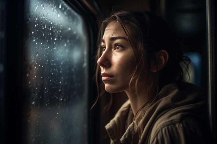 Woman Looking Out Of Window With Rain Feeling Lonely  Aesthetic (72)