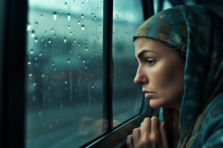 Woman Looking Out Of Window With Rain Feeling Lonely  Aesthetic (74)