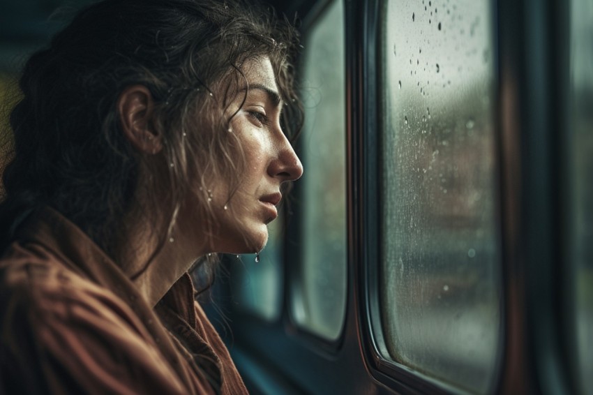 Woman Looking Out Of Window With Rain Feeling Lonely  Aesthetic (73)