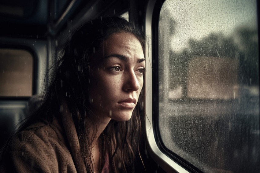 Woman Looking Out Of Window With Rain Feeling Lonely  Aesthetic (93)