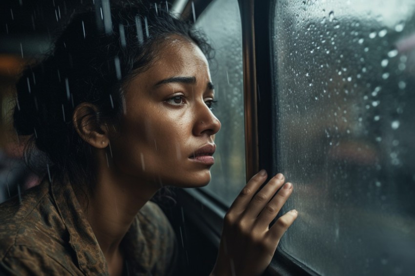 Woman Looking Out Of Window With Rain Feeling Lonely  Aesthetic (75)