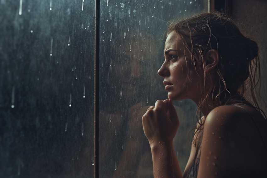 Woman Looking Out Of Window With Rain Feeling Lonely  Aesthetic (137)