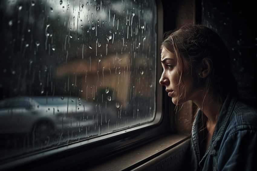 Woman Looking Out Of Window With Rain Feeling Lonely  Aesthetic (166)