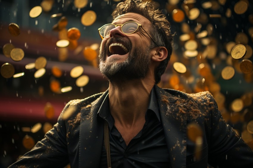 Businessman celebrating golden bitcoin rain on sky (11)