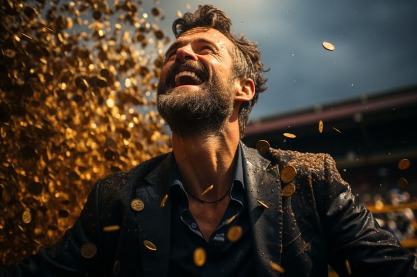Businessman celebrating golden bitcoin rain on sky (17)