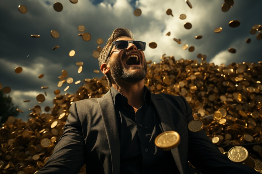 Businessman celebrating golden bitcoin rain on sky (8)