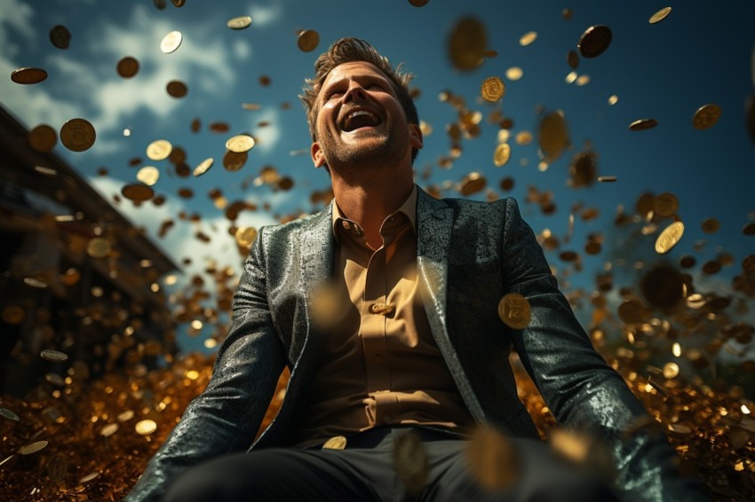 Businessman celebrating golden bitcoin rain on sky (16)