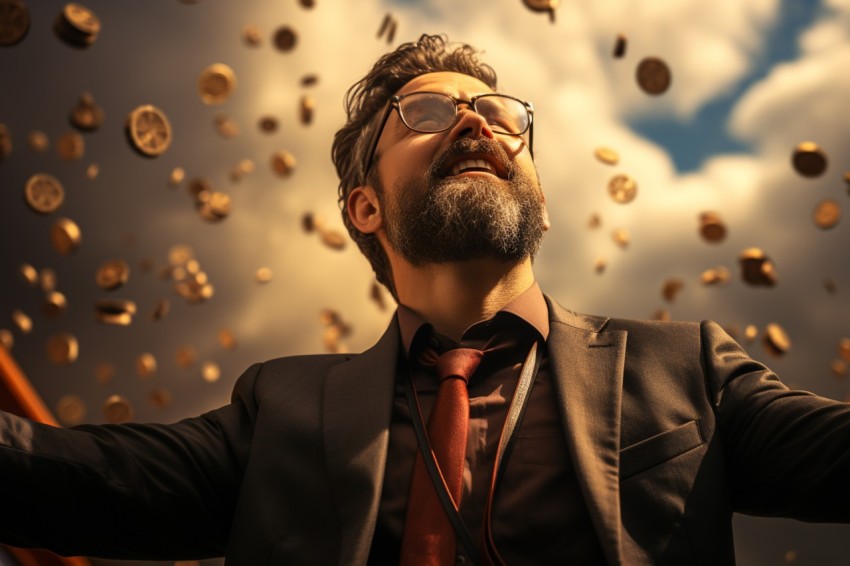 Businessman celebrating golden bitcoin rain on sky (25)
