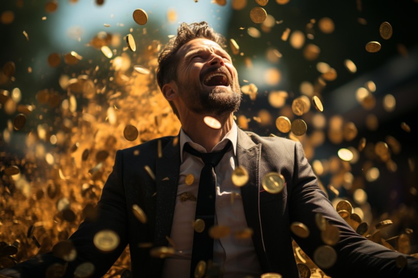 Businessman celebrating golden bitcoin rain on sky (30)