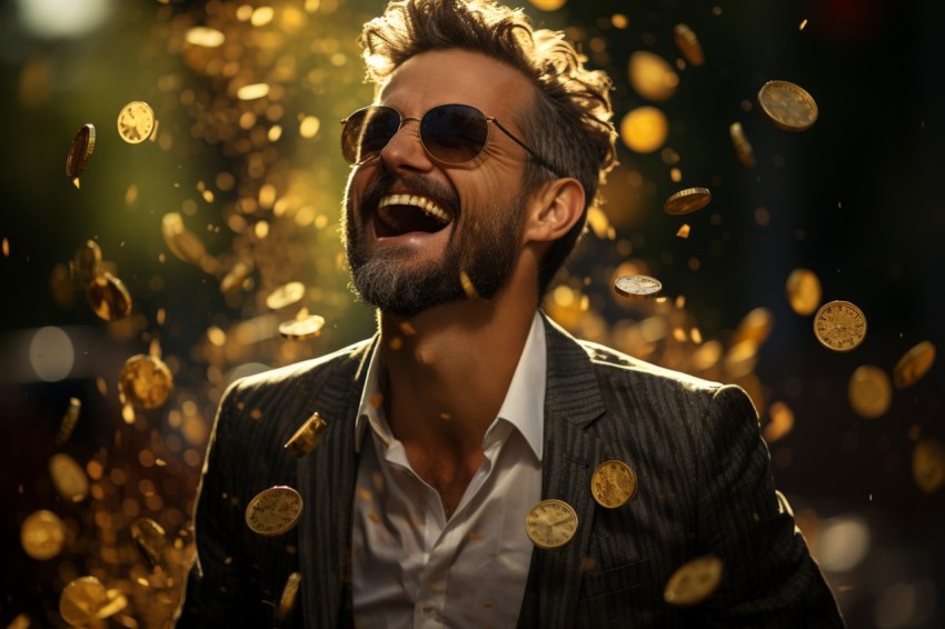 Businessman celebrating golden bitcoin rain on sky (20)