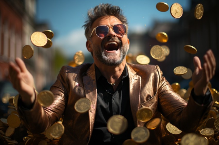 Businessman celebrating golden bitcoin rain on sky (40)