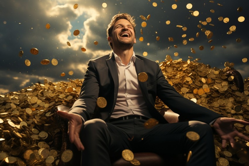 Businessman celebrating golden bitcoin rain on sky (15)