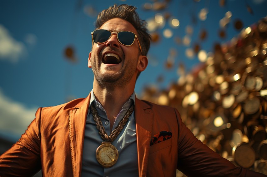 Businessman celebrating golden bitcoin rain on sky (32)