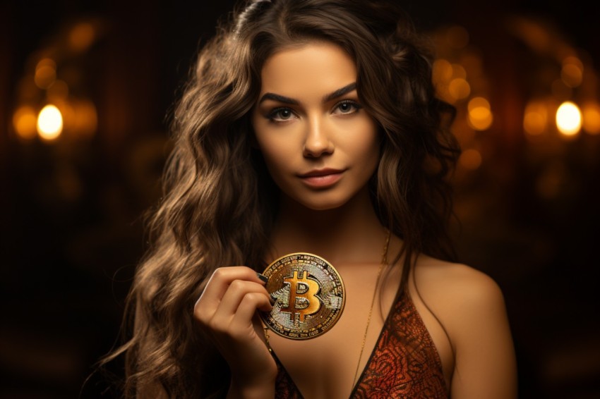 Cropped photo of a girl in bra who holds bitcoin golden coind in
