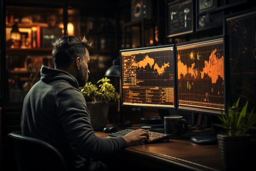 A man Analyzing Stock Market Trading Graphs Chart on computer Screen (55)