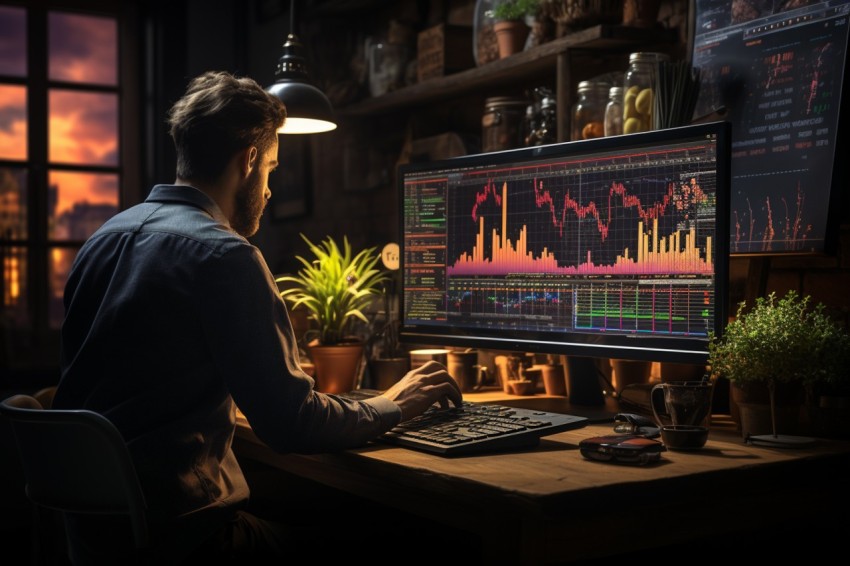 A man Analyzing Stock Market Trading Graphs Chart on computer Screen (53)