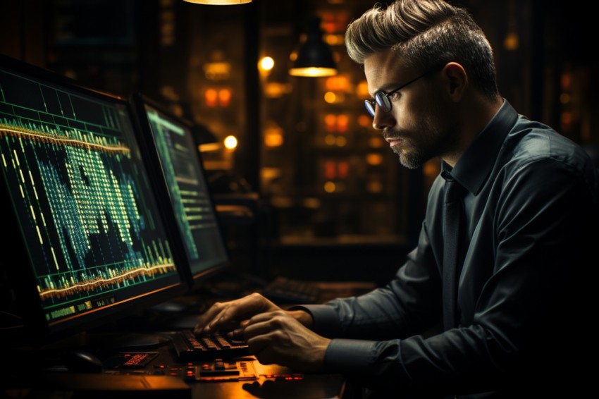 A man Analyzing Stock Market Trading Graphs Chart on computer Screen (138)