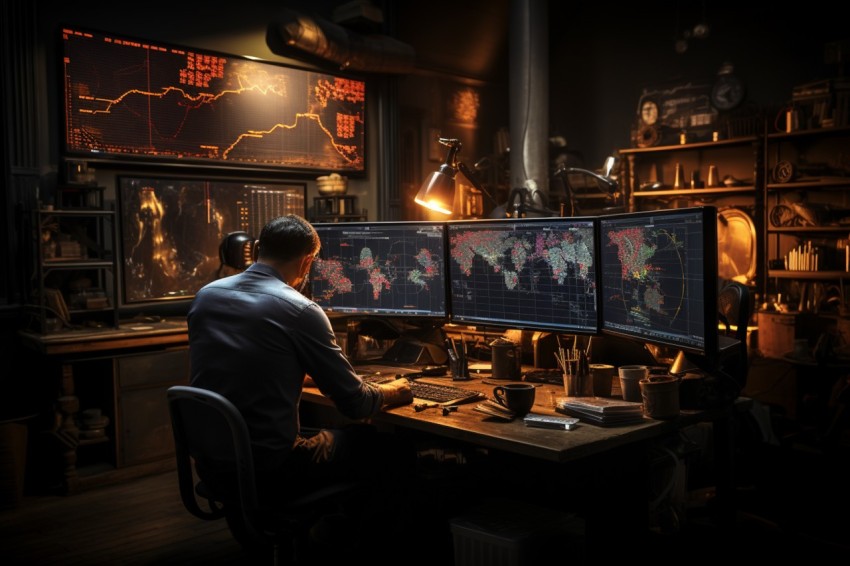 A man Analyzing Stock Market Trading Graphs Chart on computer Screen (128)