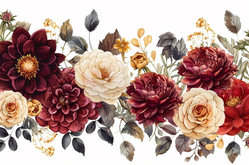 Vintage Inspired Rich Burgundy and Gold Flower Frame Elegant Floral Design (252)