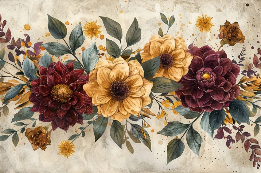 Vintage Inspired Rich Burgundy and Gold Flower Frame Elegant Floral Design (293)