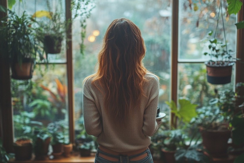 Back Shot of a Woman Standing in Front of a Window Facing a Garden with a Cup of Coffee (378)