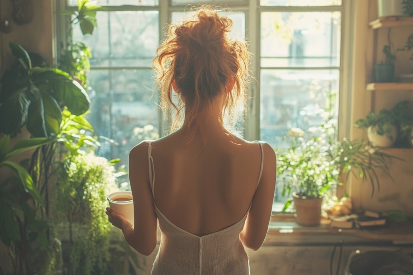 Back Shot of a Woman Standing in Front of a Window Facing a Garden with a Cup of Coffee (371)